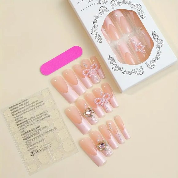 24pcs Glossy Long Square Fake Nails, Pink Y2K Press On Nails - Picture 2 of 6